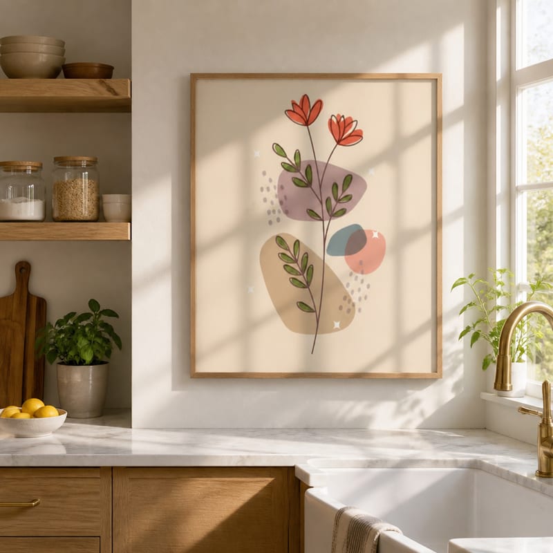 Floral print framed on a sunny kitchen wall