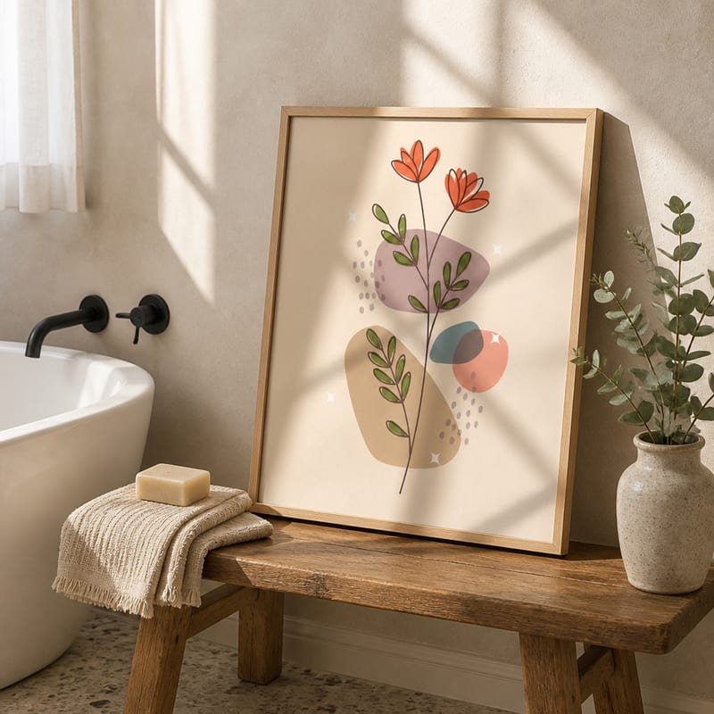 Print leaning on a wooden bench in a bathroom