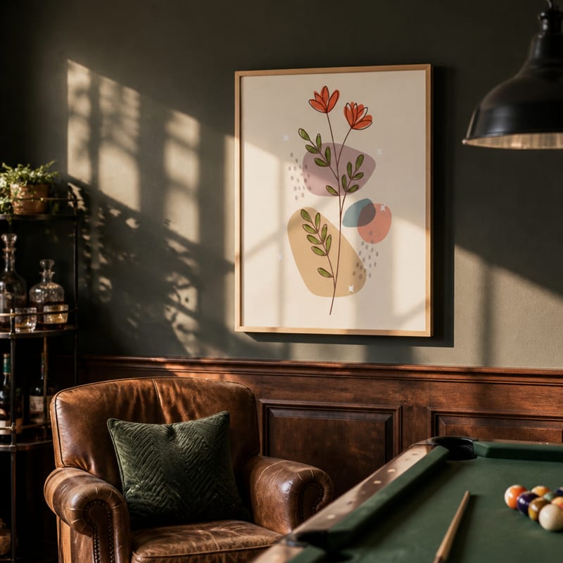 Print on a dark green game-room wall above a leather chair
