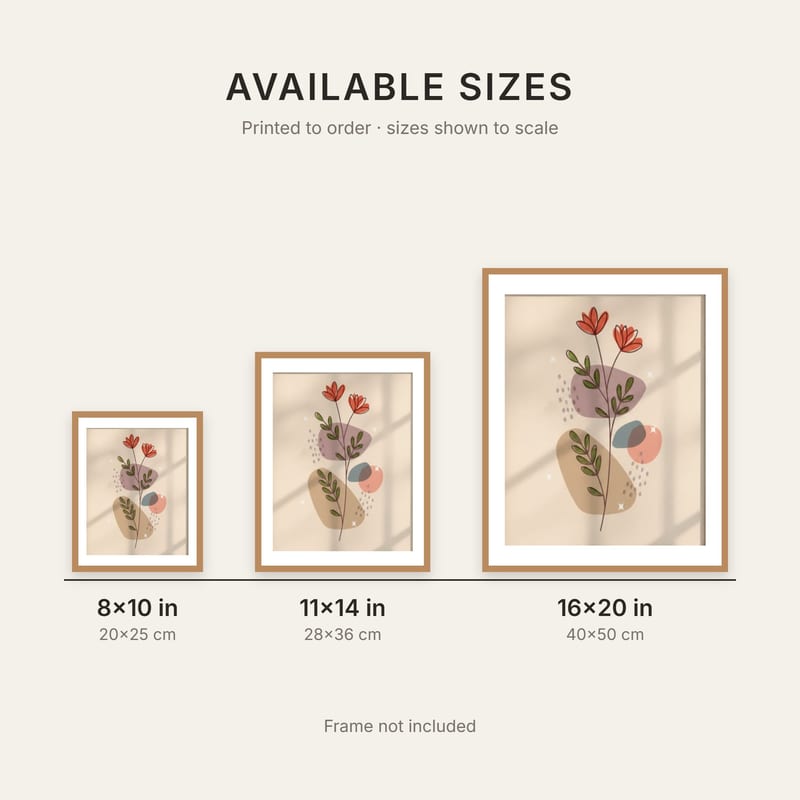 Size chart showing 8×10, 11×14 and 16×20 inch prints to scale
